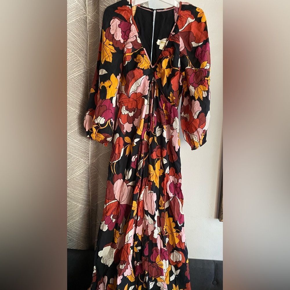 Maeve Dress Women Maxi Floral Ruched Flare Anthropologie Deep V Party Core Sz 2 - Picture 4 of 16